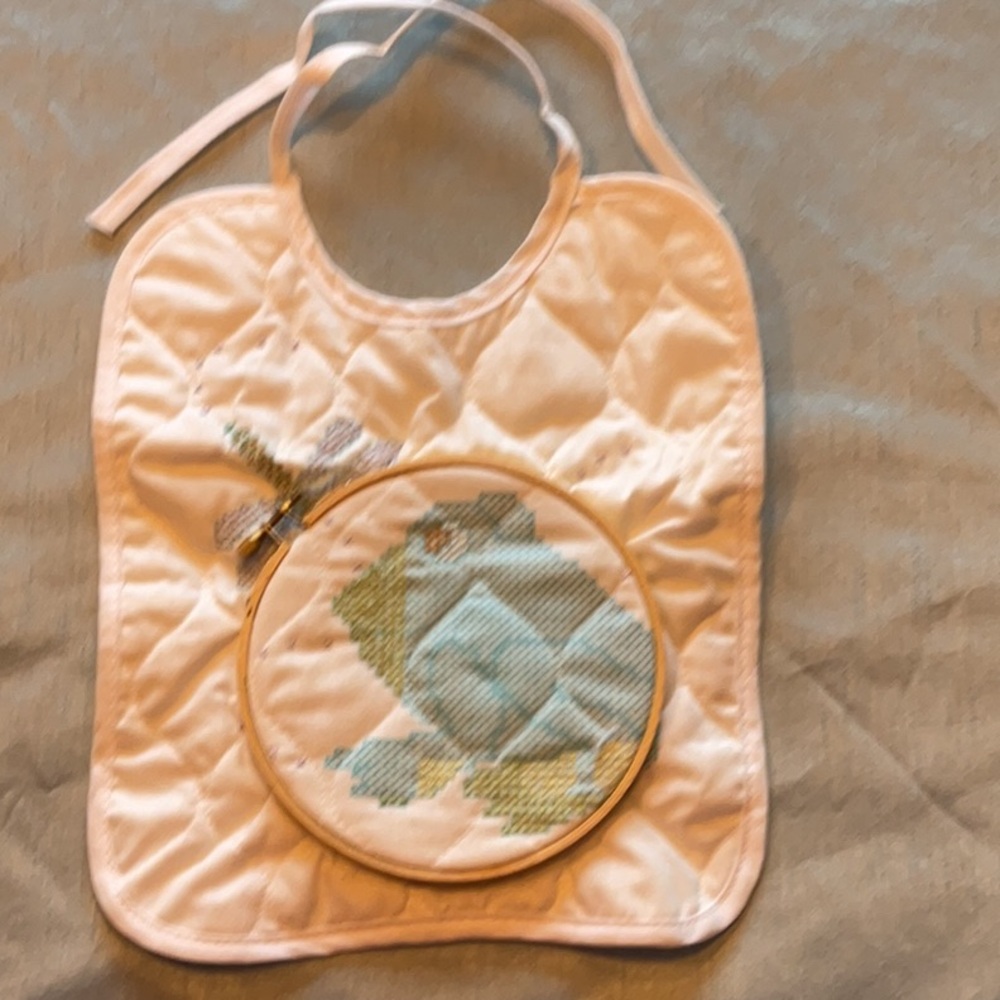 VTG Unfinished Cross Stitch Baby Bib Frog